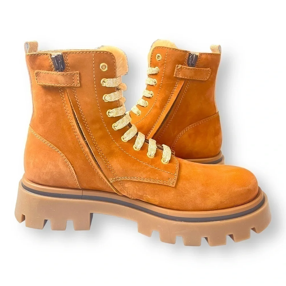 Beberlis Cognac Brown Suede Shearling Lace Up Combat Boots w/ Lug Soles NEW
